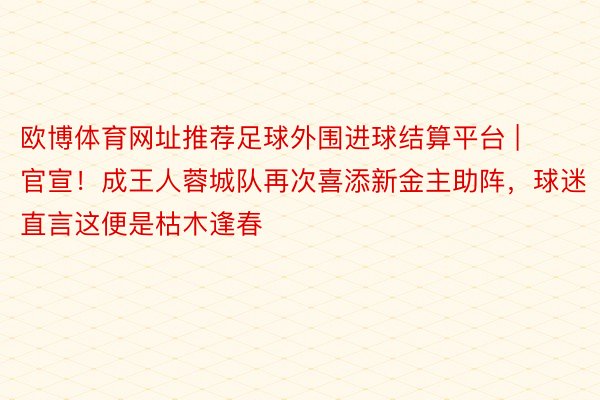 欧博体育网址推荐足球外围进球结算平台 | 官宣！成王人蓉城队再次喜添新金主助阵，球迷直言这便是枯木逢春